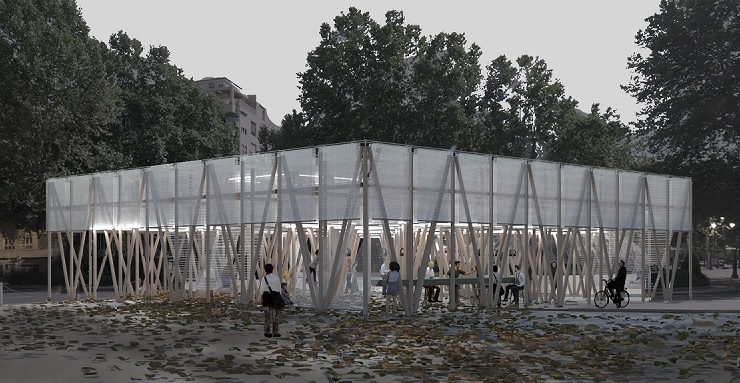 A contemporary vision of the poplar wood drying sheds of La Vega receives a mention in the competition for the temporary pavilion of the Humilladero.